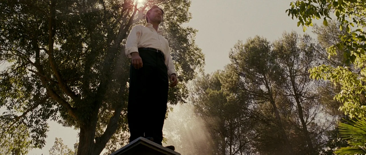 A Good Year (2006) movie still: fullbody — A man stands on top of a small structure surrounded by tall leafy trees. Sunbeams filter through the…