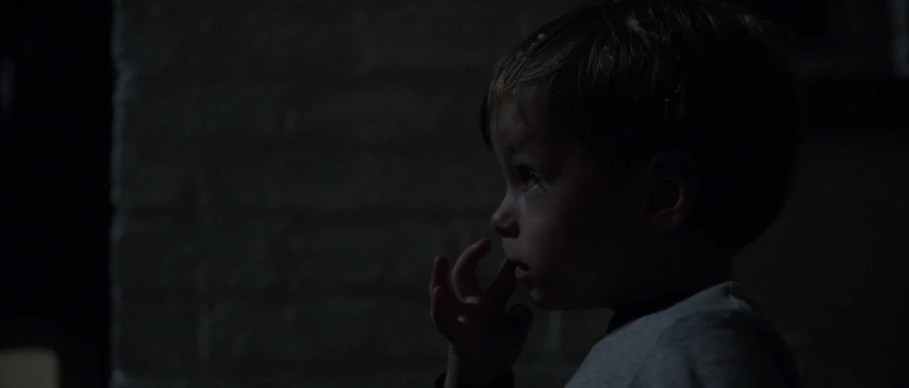 Nymphomaniac Vol 2 (2013) movie still: closeup — A dark indoor space features a wall with faint brick texture in deep shadow. A young child in…
