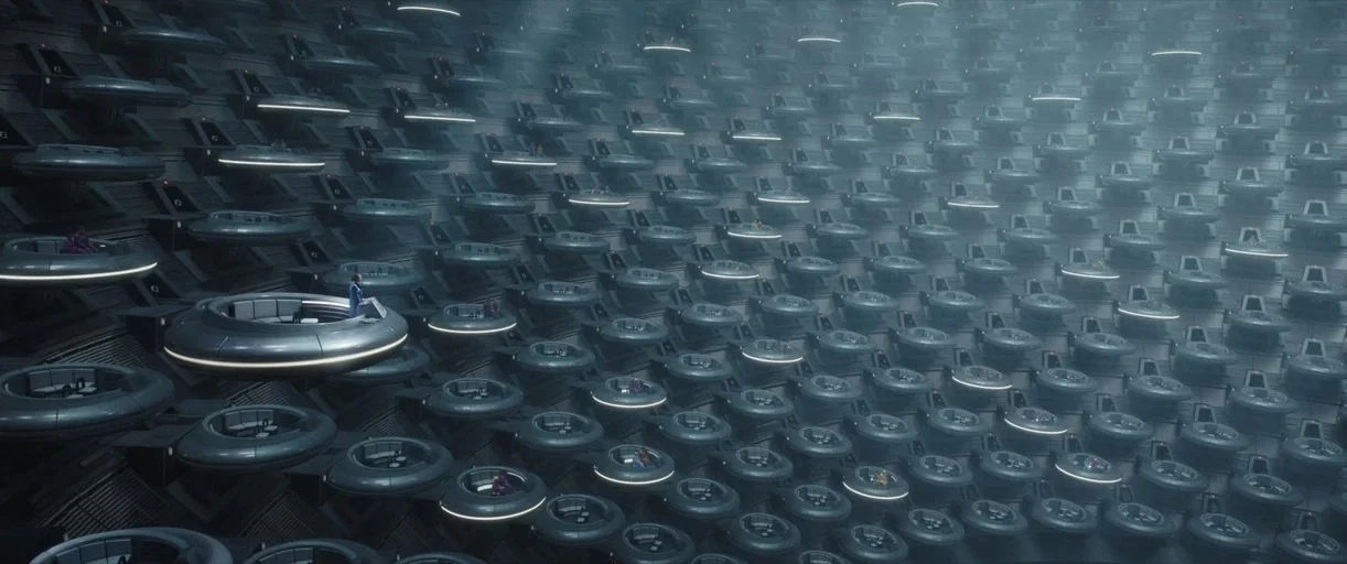 Andor (2022) movie still: establishing — A vast, multi-level circular legislative hall features hundreds of individual floating transport pods. One…