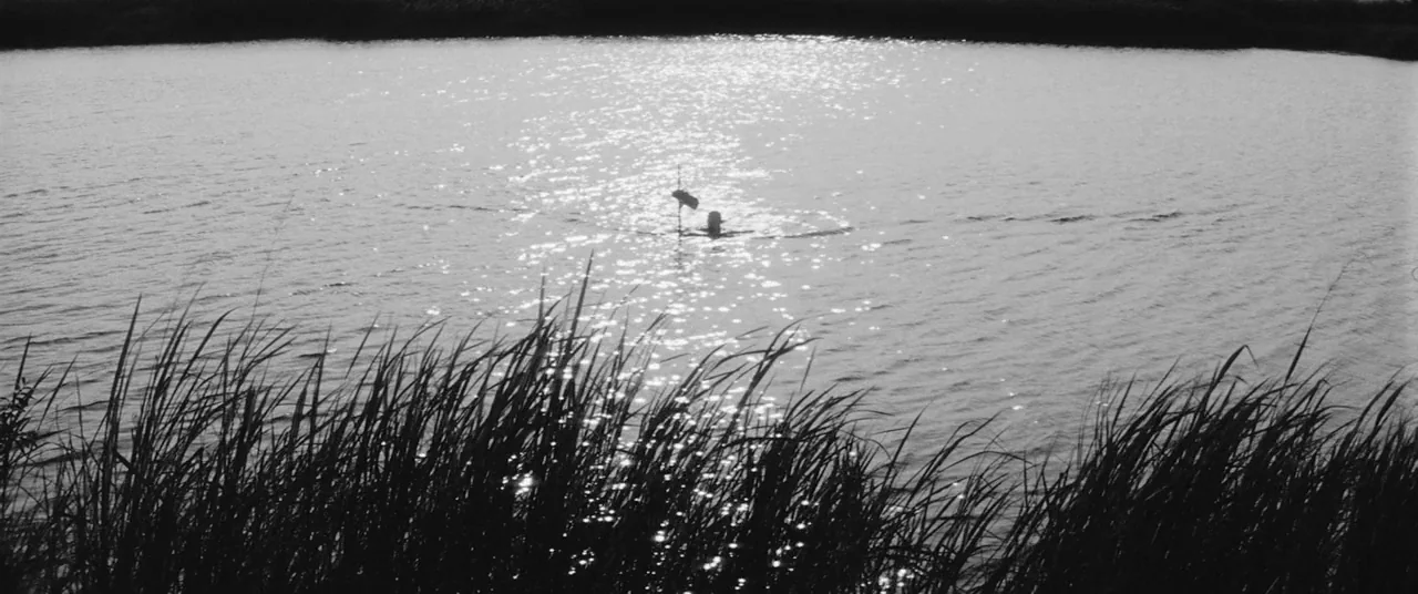 Onibaba (1964) movie still: wide — A body of water is framed by tall reeds in the foreground. A lone swimmer moves through the center while holding…