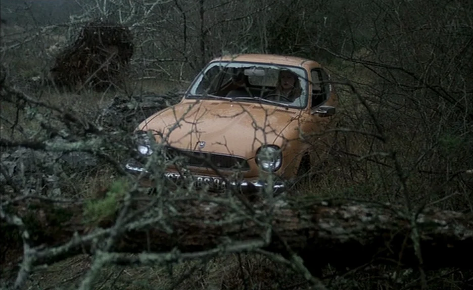 Black Moon (1975) movie still: medium — A light orange vintage car is parked inside a dense thicket of bare trees. A young woman sits in the…