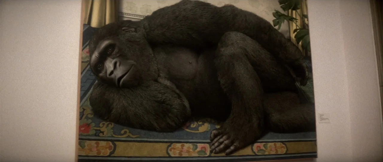 Dressed to Kill (1980) movie still: medium — An oil painting of a reclining gorilla is mounted on a white gallery wall. The gorilla rests its head…