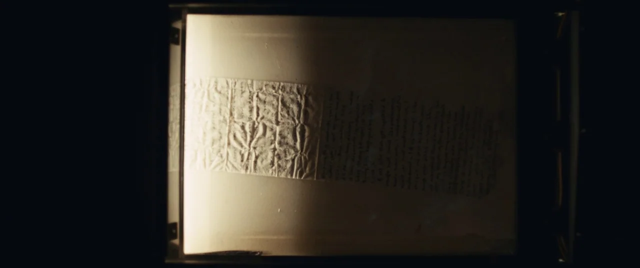 Judas and the Black Messiah (2021) movie still: closeup — A long, textured paper strip featuring handwritten text lies flat on a light box. Half of…