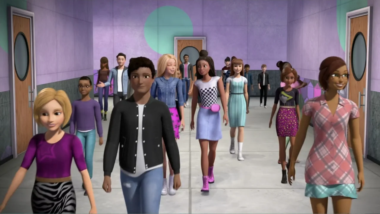 Barbie: Big City, Big Dreams (2021) movie still: fullbody — A wide school corridor features lavender walls decorated with teal polka dots and brown…