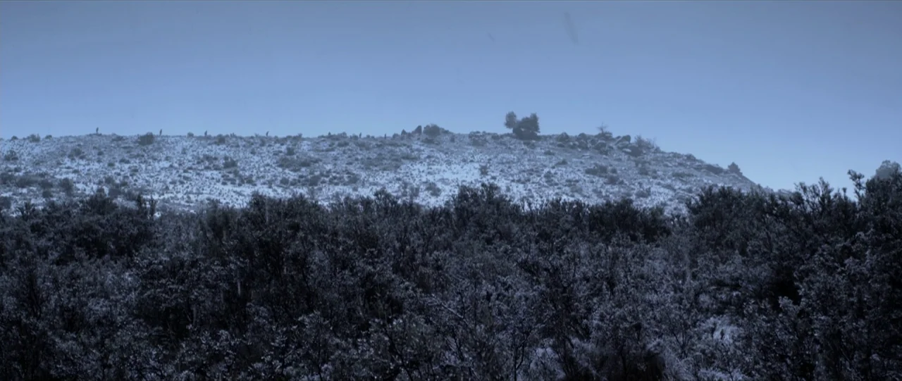 Van Diemens Land (2009) movie still: wide — A snow-dusted ridge sits above a dark, brush-covered foreground under a clear sky. Tiny figures are…