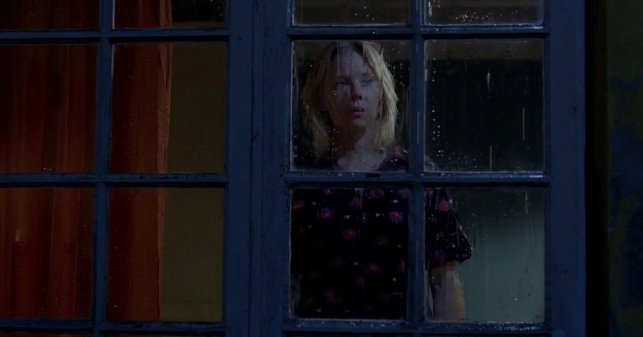 Fallen Leaves (2023) movie still: medium — A dark night exterior features a woman seen through a multi-paned window frame. Raindrops cling to the…