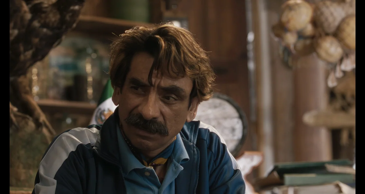 National Family (2023) movie still: closeup — A cluttered shop interior features wooden surfaces and decorative hanging ornaments in the background.…