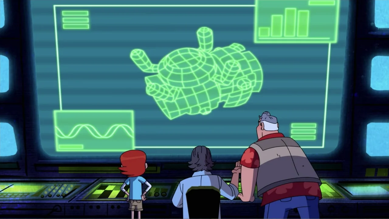 Ben 10 vs. the Universe: The Movie (2020) movie still: medium — A dimly lit command center features a massive wall-mounted screen displaying…