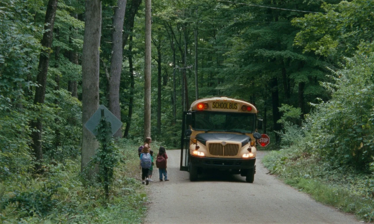 Janet Planet (2023) movie still: wide — A rural dirt road lined with dense green trees hosts a stationary yellow bus. Three children stand near the…