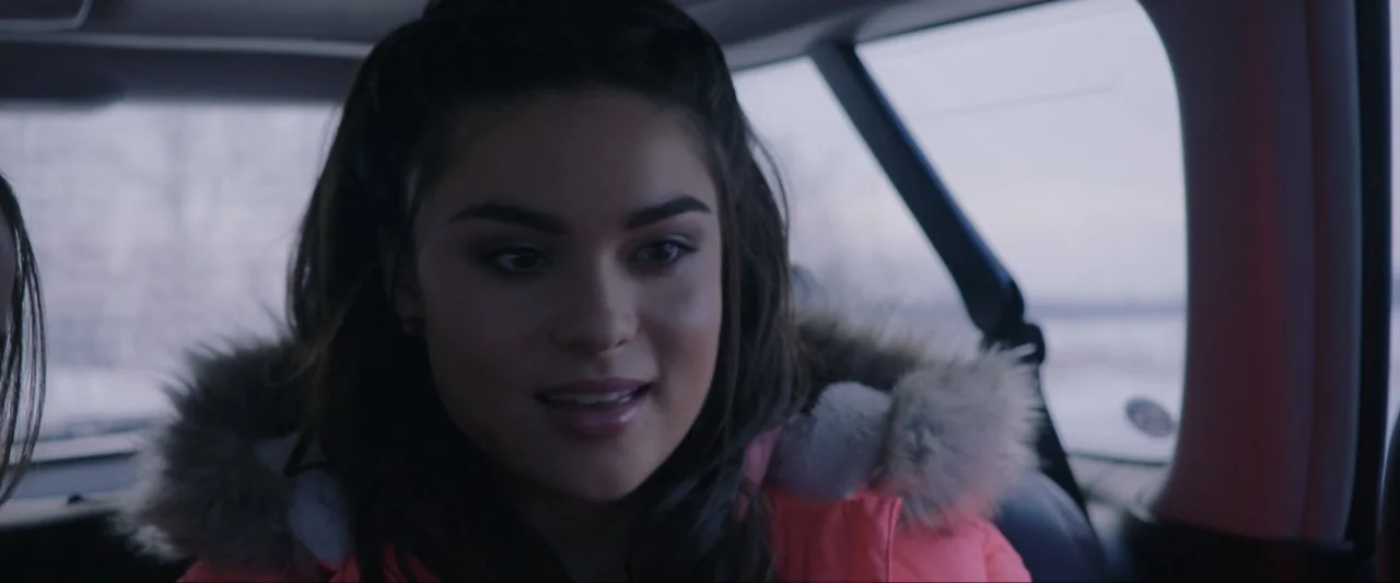 The Lie (2018) movie still: medium — A young woman sits in the passenger seat of a car during the day. She is wearing a bright coral-colored coat…