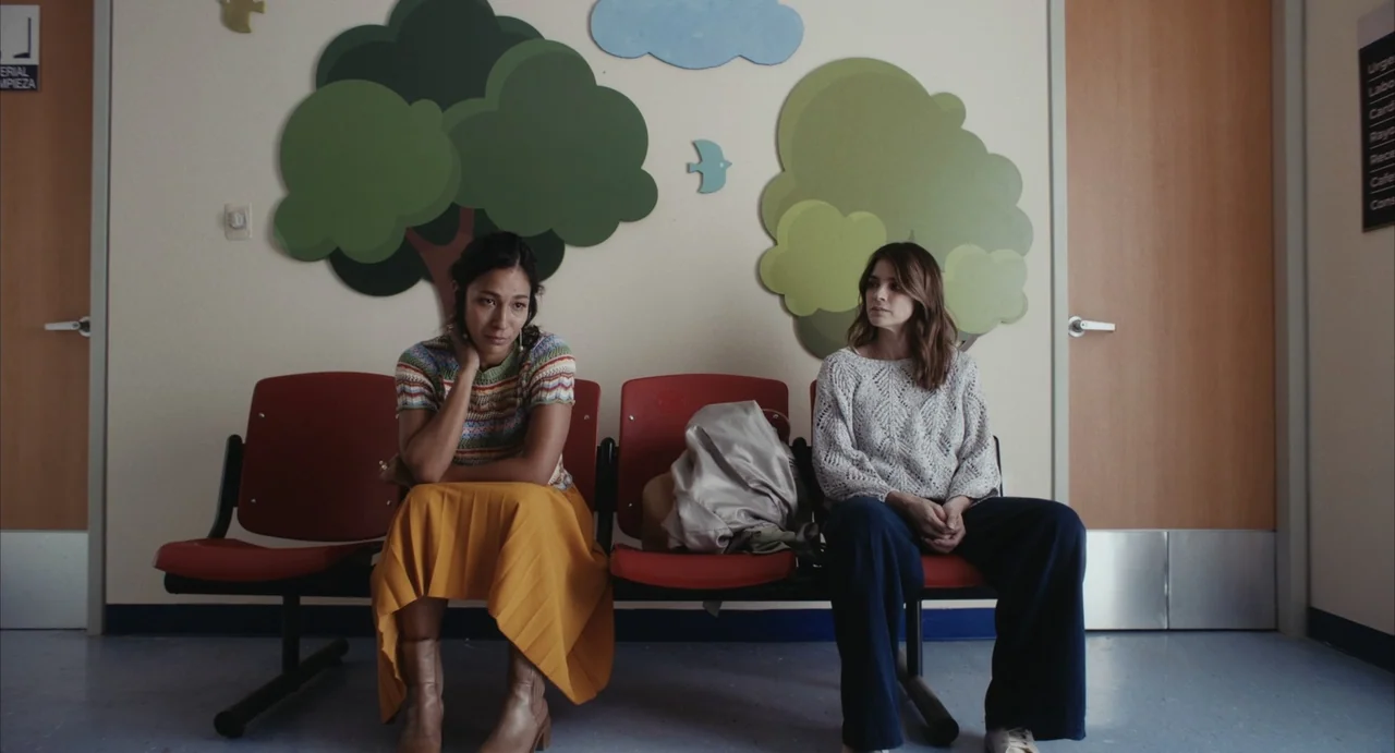 The Diary (1999) movie still: medium — A hospital waiting area features red plastic seats against a wall with tree murals. Two women sit on the row…