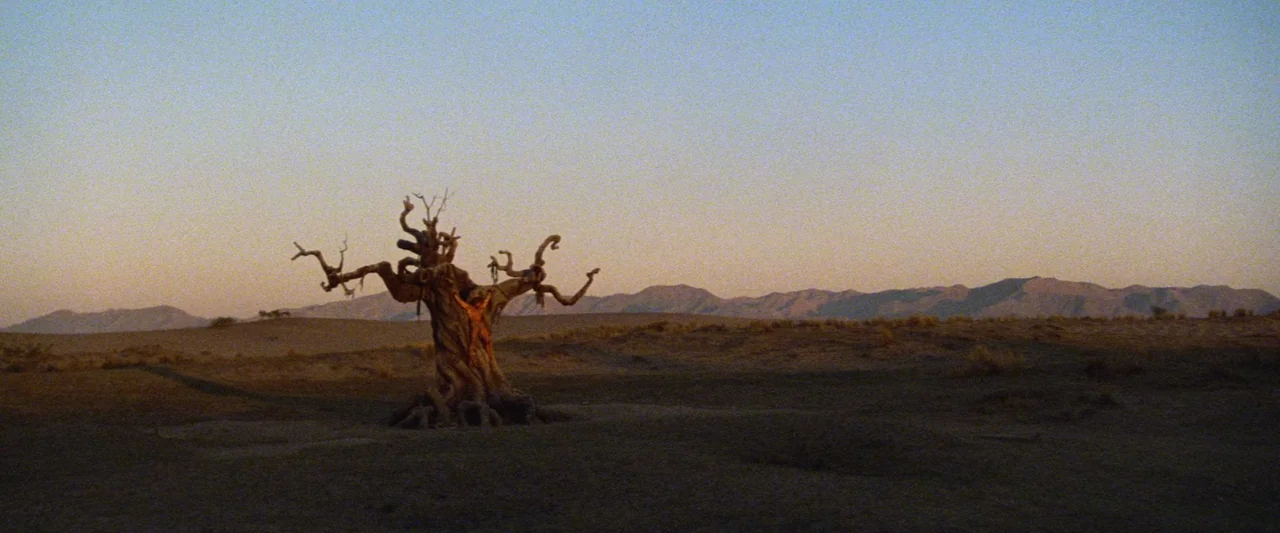 Conan The Barbarian (1982) movie still: wide — An arid, flat desert expanse stretches out toward distant, low-profile mountain ranges at sunset. A…