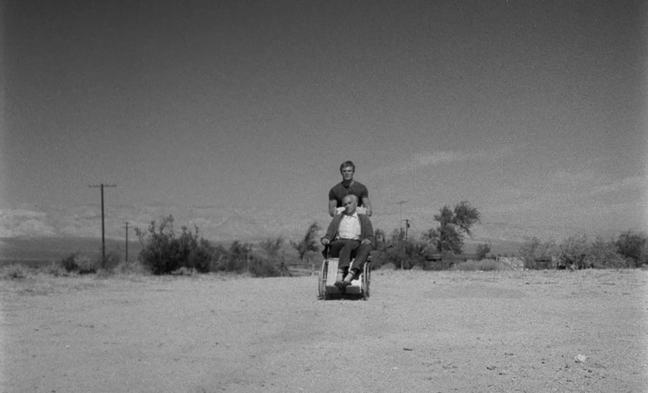 Faster, Pussycat! Kill! Kill! (1965) movie still: wide — A flat, dusty desert landscape stretches out under a clear, bright sky. A young man walks…