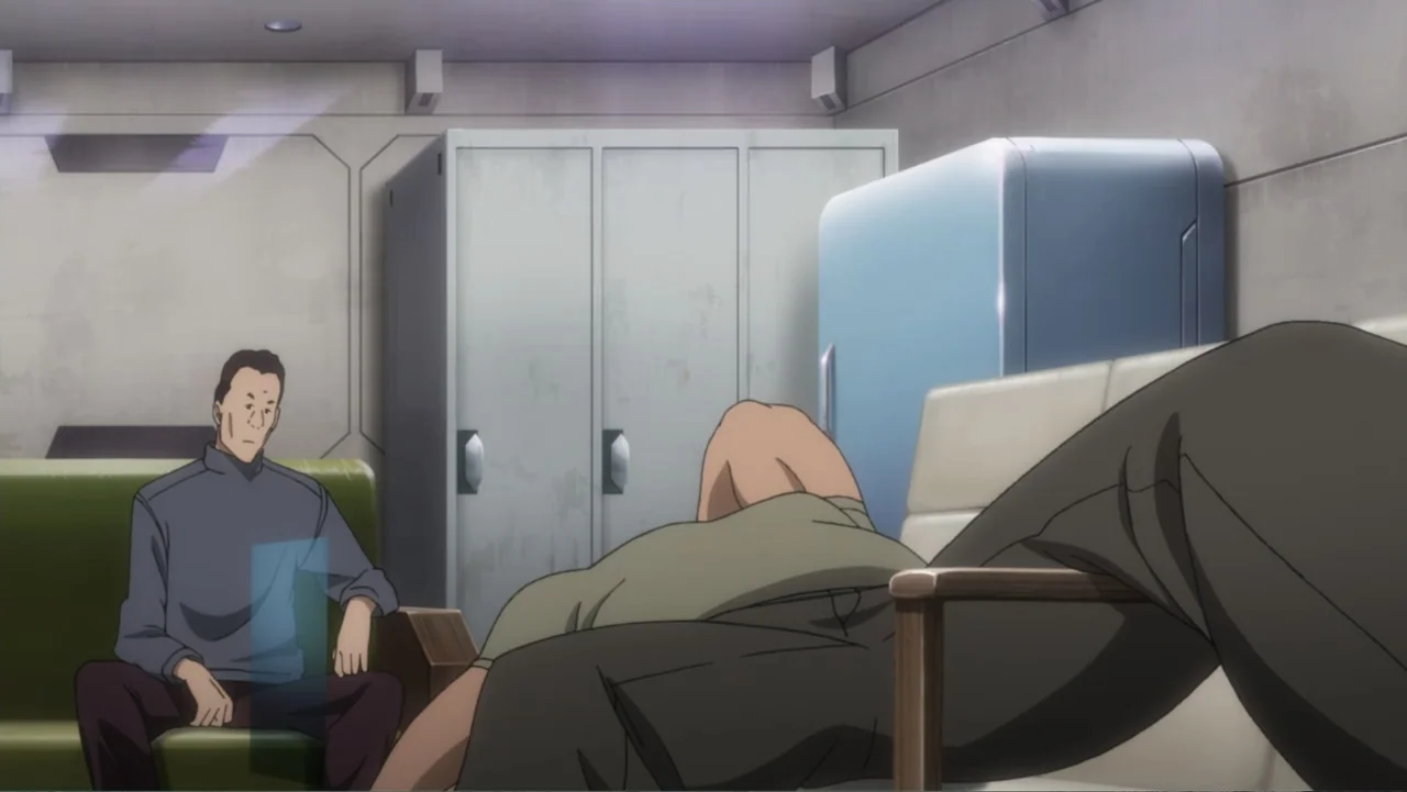 Ghost in the Shell: Arise - Border 3: Ghost Tears (2014) movie still: medium — A utilitarian room with metal lockers and a pale blue refrigerator.…