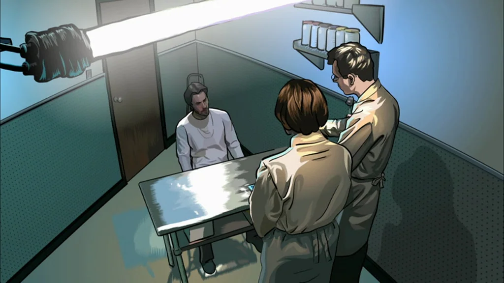 A Scanner Darkly (2006) movie still: wide — A spartan room features a metal table surrounded by two investigators and a suspect. An overhead…