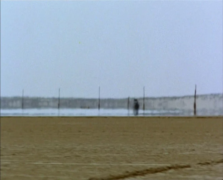 Fata Morgana (1971) movie still: wide — An expansive sandy beach stretches toward a distant, hazy shoreline under a pale sky. Several thin wooden…