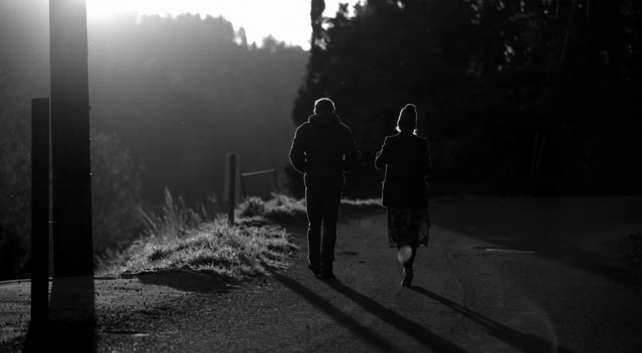 Blue Jay (2016) movie still: fullbody — A paved road winds through a forested landscape during a bright, sunny day. Two people in silhouette walk…