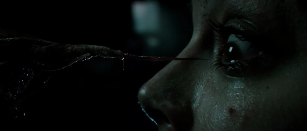 The Hallow (2015) movie still: closeup — A dark, underexposed environment serves as the backdrop for an extreme close-up. A thin, glistening,…
