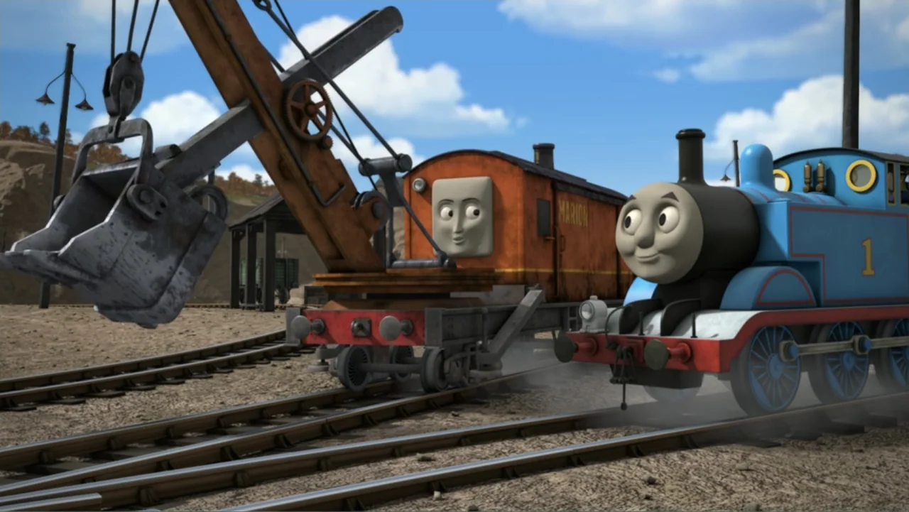 Thomas & Friends: Tale of the Brave (2014) movie still: medium — A dusty railway construction site features iron tracks and distant brown earth…