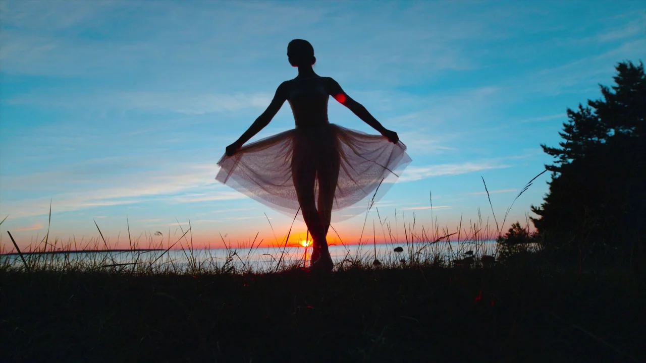 Awaken (2018) movie still: fullbody — A grassy lakeshore at dusk features a dark silhouette of a dancer standing still. The ballerina holds the…