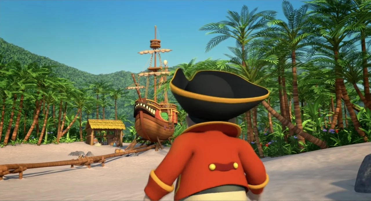 Capt'n Sharky (2018) movie still: medium — A tropical sandy beach with palm trees and a wooden sailing ship docked ashore. A cartoon pirate in a red…
