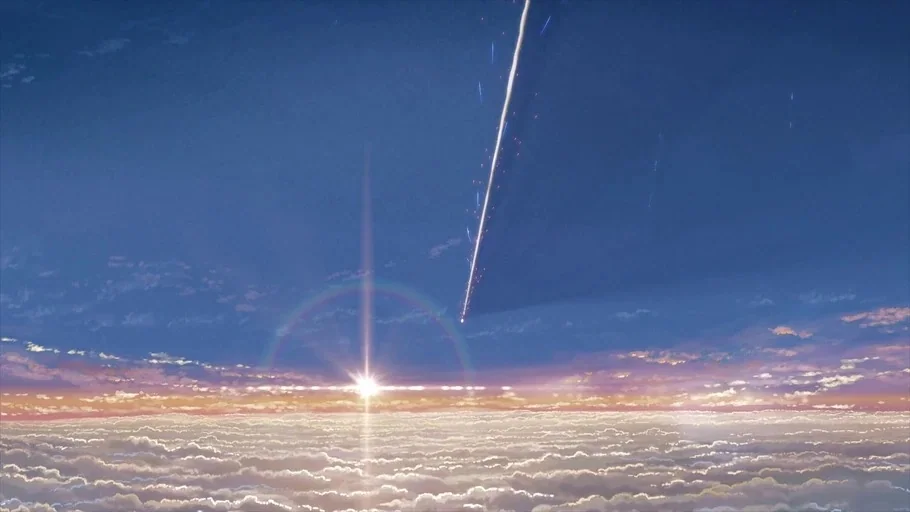 Your Name (2016) movie still: establishing — A vast expanse of cumulus clouds blankets the horizon under a twilight sky. A single bright comet…