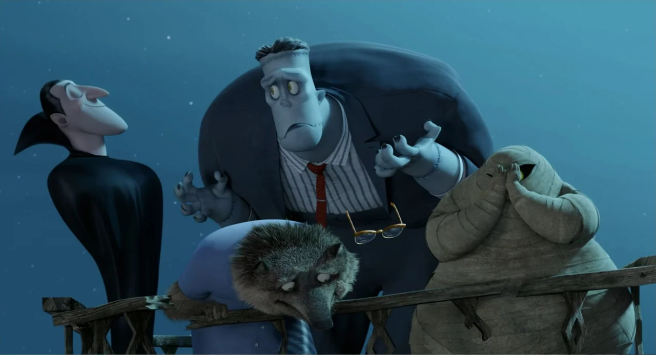 Hotel Transylvania 2 (2015) movie still: medium — Four cartoon figures stand behind a wooden railing against a solid blue night sky. The characters…