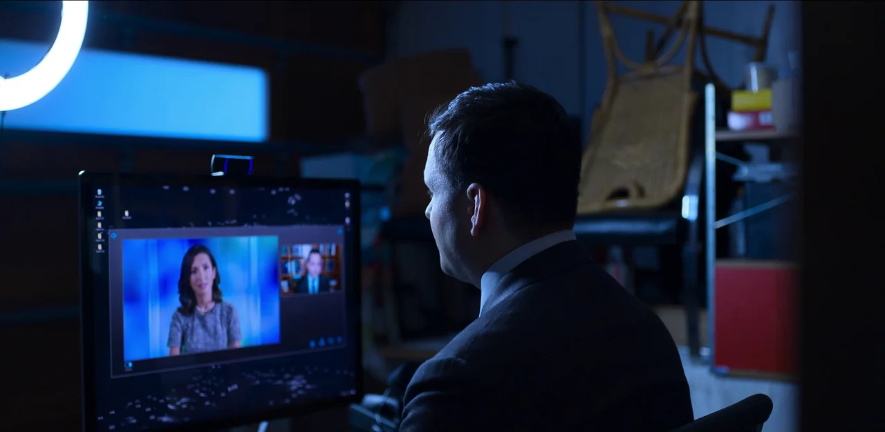 Kimi (2022) movie still: medium — A dimly lit room contains a man sitting before a bright computer monitor. He watches a video call displayed on his…