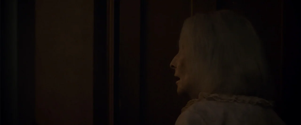 Jump, Darling (2022) movie still: closeup — An interior space features dark walls surrounding an elderly woman in profile. The subject stands still…