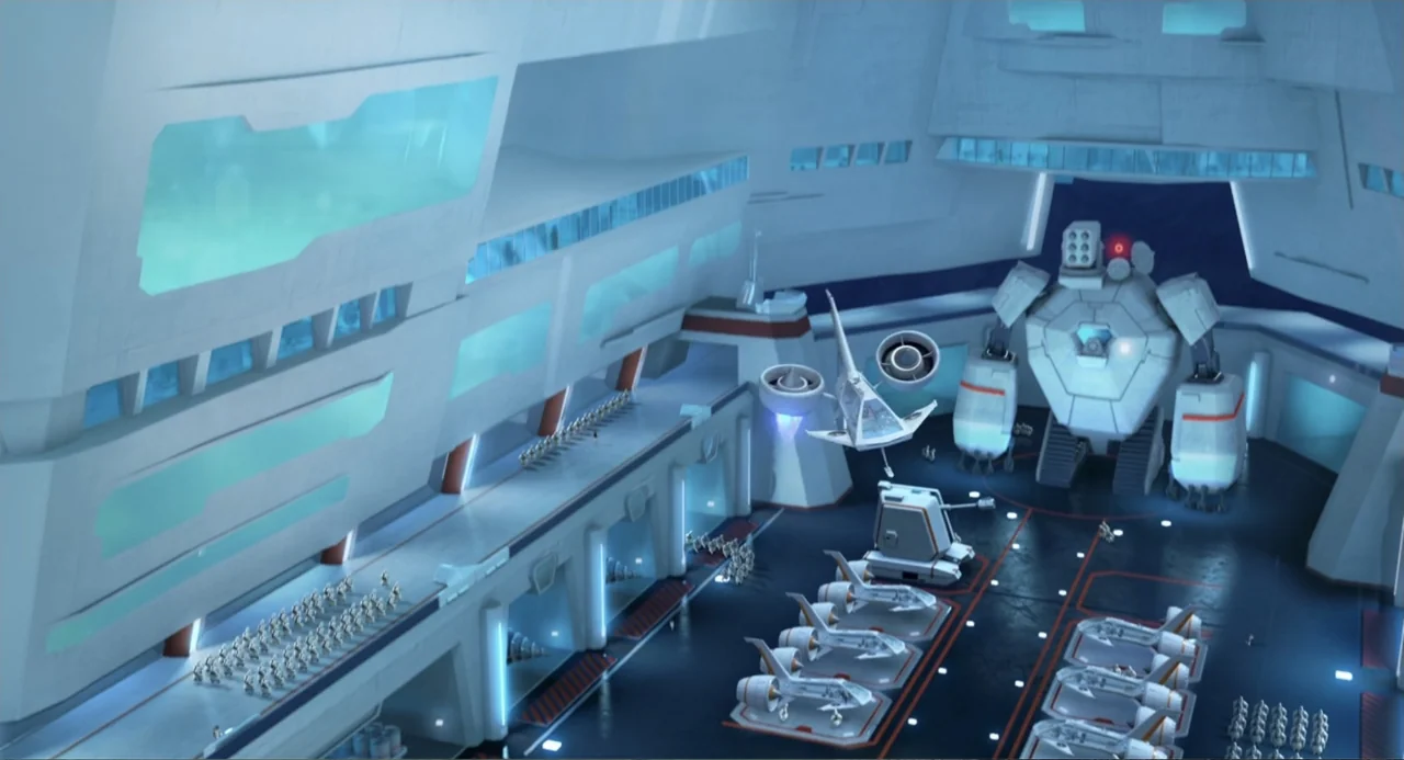 Penguins of Madagascar (2014) movie still: wide — A vast, white futuristic hangar bay features rows of docked aircraft and military vehicles. Lines…