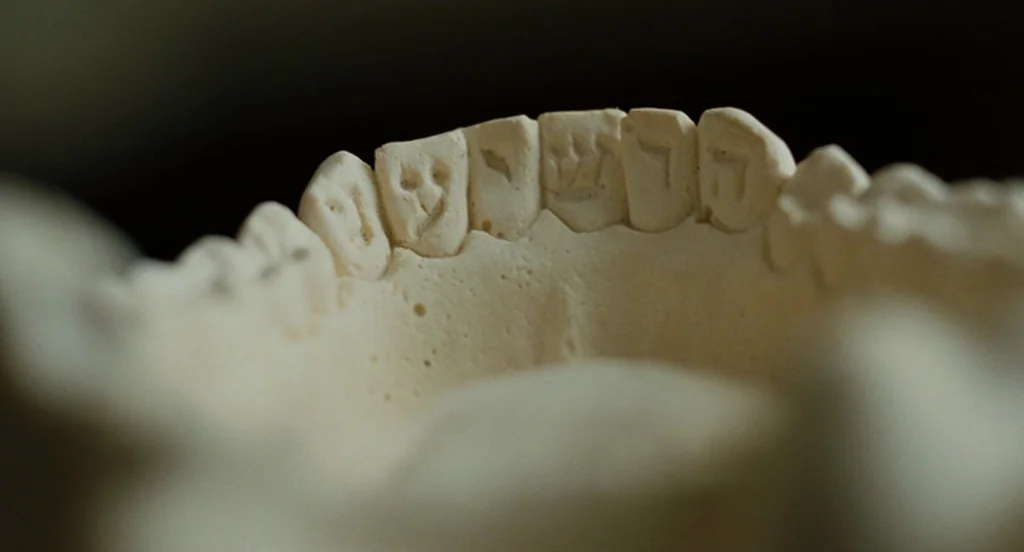 A Serious Man (2009) movie still: closeup — A close-up view of a white plaster dental mold showing carved Hebrew characters. The object sits in a…