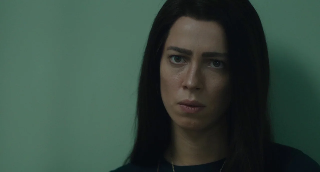 Christine (2016) movie still: closeup — A woman stands in front of a flat, solid-colored sage green wall. She looks directly at the camera with a…