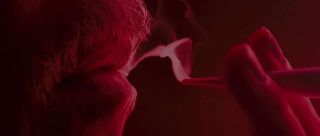 Rigor Mortis (2013) movie still: closeup — A close-up view of a face illuminated by a deep red light source. A thin trail of smoke drifts from the…