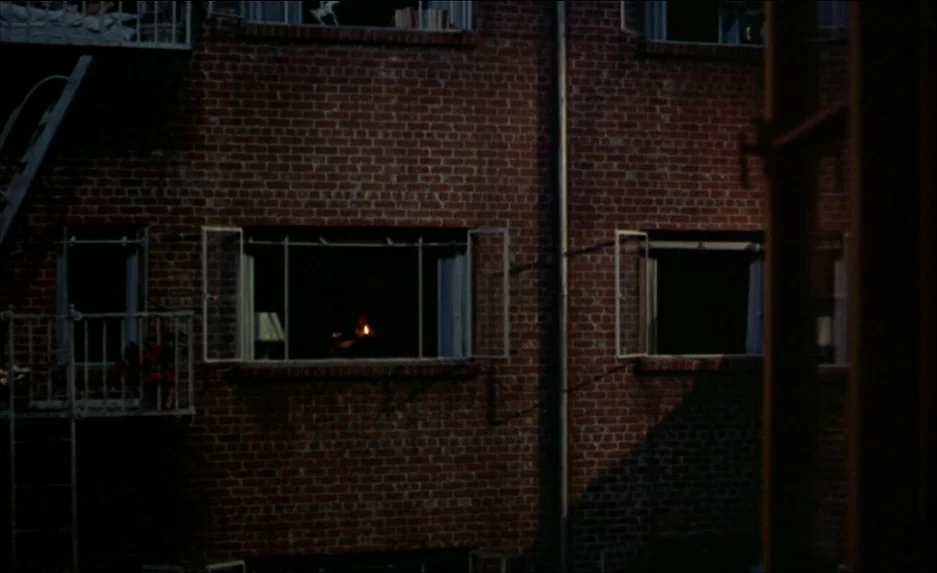Rear Window (1954) movie still: establishing — A dark brick exterior of an apartment building with several windows at night. One open window glows…
