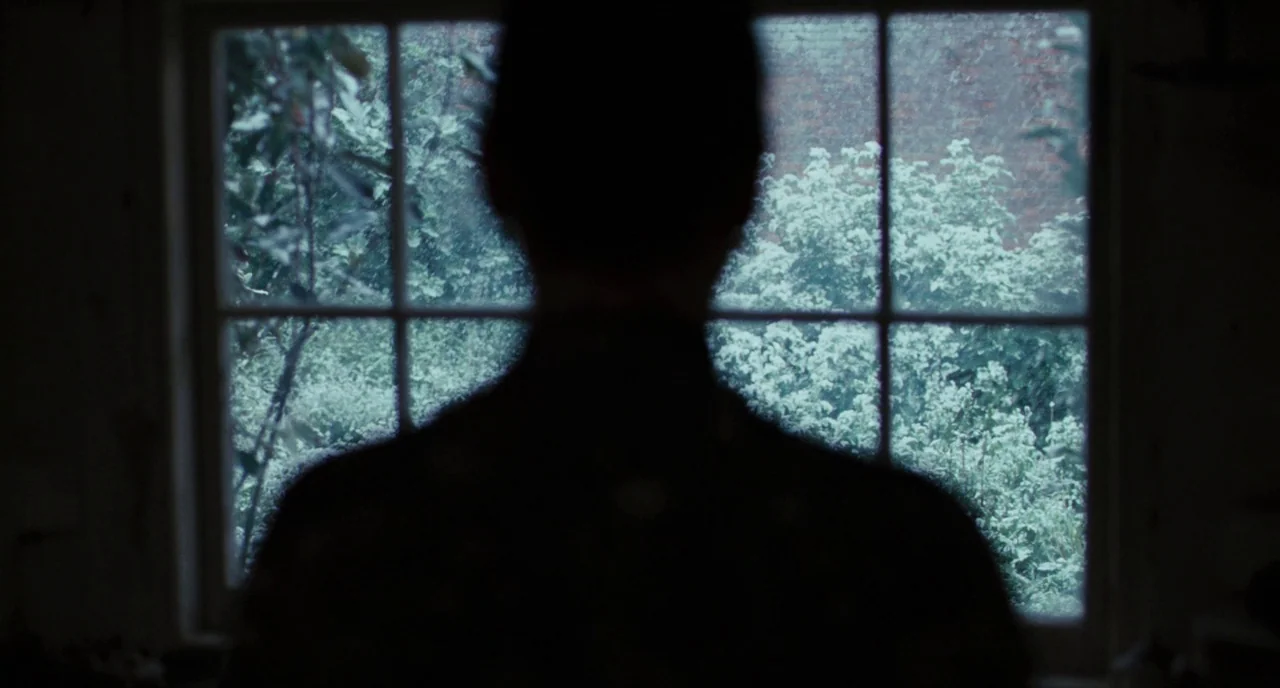 Bright Star (2009) movie still: medium — A dark indoor space features a large window overlooking a foliage-filled outdoor area. A person stands in…