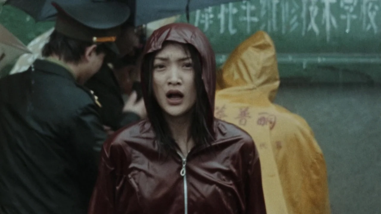 Suzhou River (2000) movie still: medium — A crowded city street on a rainy day with people wearing rain gear. A young woman in a red raincoat stands…