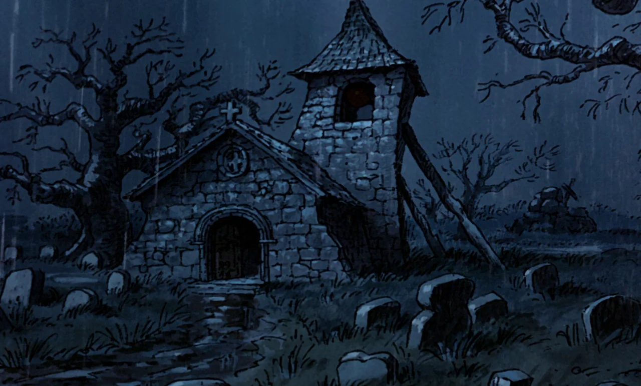 Robin Hood (1973) movie still: establishing — An ancient stone church stands in a rain-swept graveyard at night under dark skies. Numerous weathered…