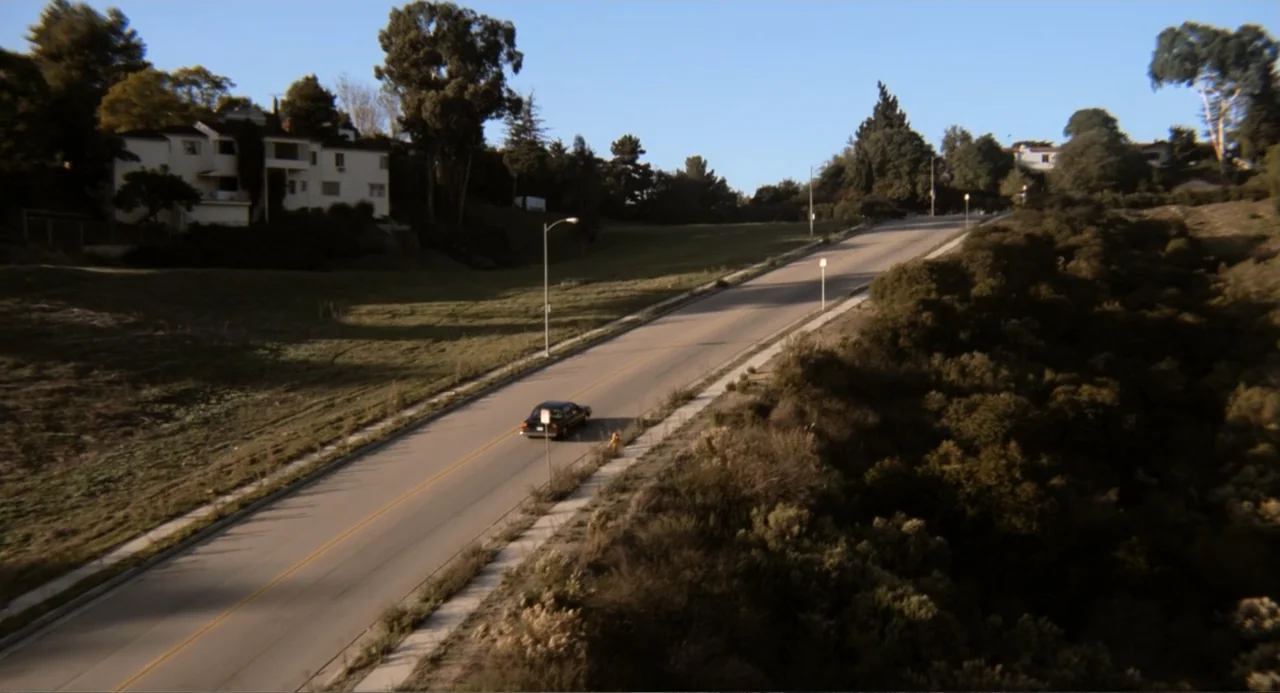 Lethal Weapon (1987) movie still: wide — A quiet suburban road stretches upward between a steep grassy slope and dense bushes. A single dark car…
