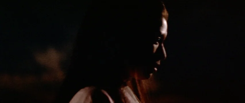 Lone Wolf: Baby Cart at the River Styx (1972) movie still: closeup — A woman's face is illuminated in profile against an pitch black exterior…