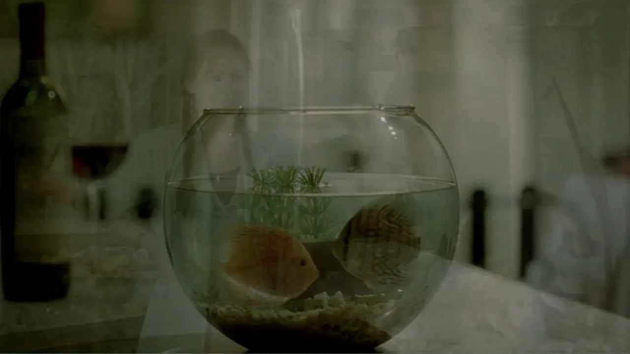 George Lopez: It's Not Me, It's You (2012) movie still: medium — A domestic interior features a glass fishbowl on a table in the foreground. A young…