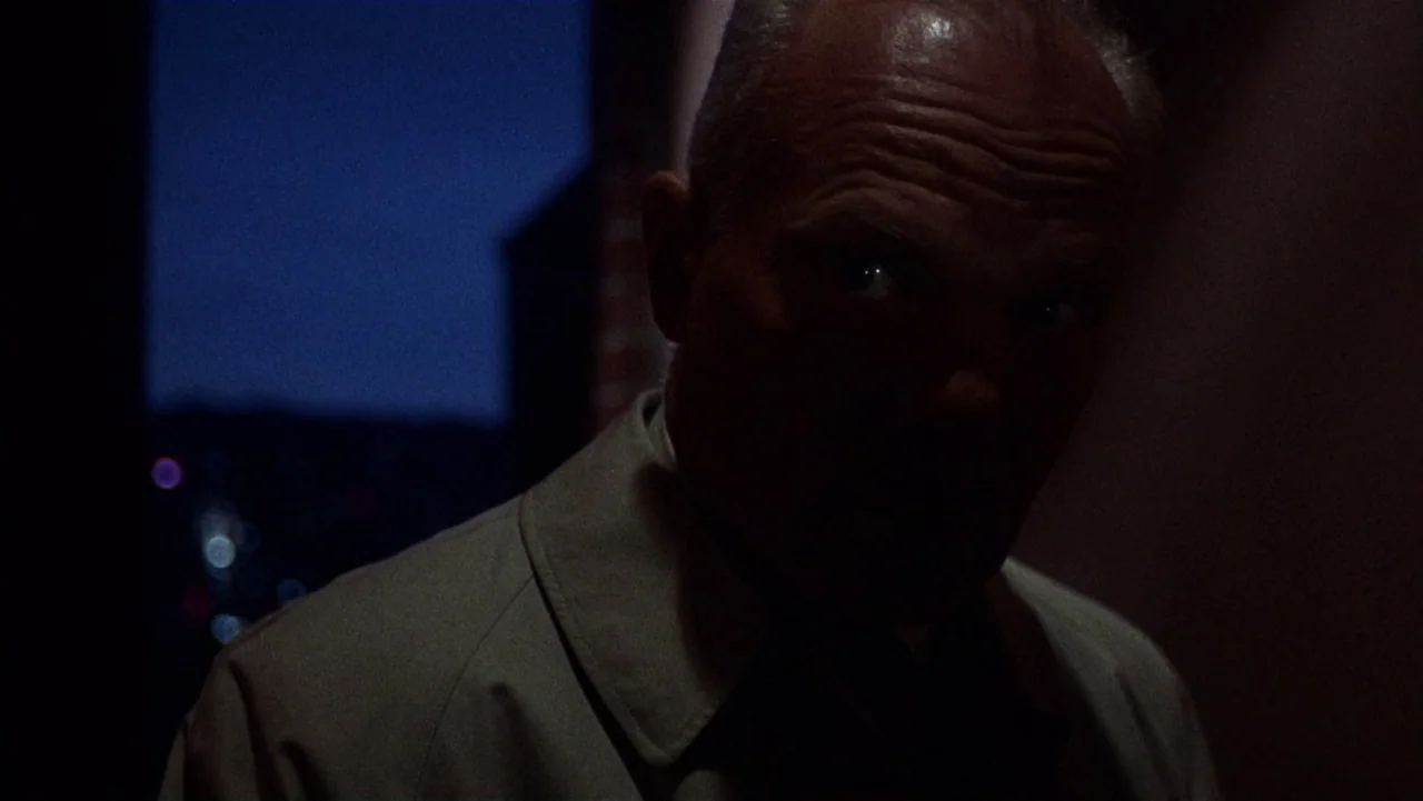 Bullitt (1968) movie still: closeup — A night view from an outdoor balcony overlooking a city with scattered distant lights. An older man in a…