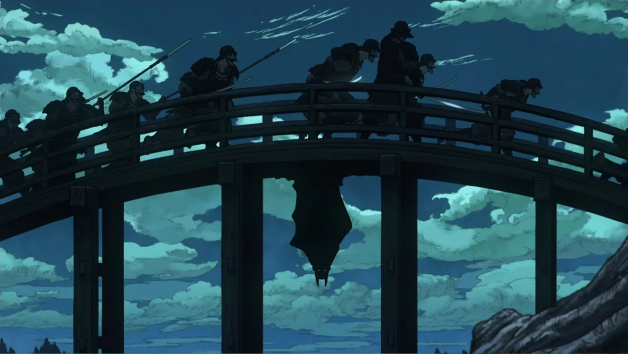 Batman Ninja vs. Yakuza League (2025) movie still: wide — A group of armored samurai move across a curved wooden bridge at night. A mysterious caped…