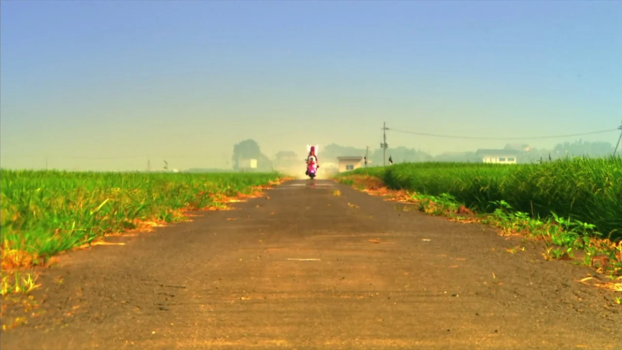 Kamikaze Girls (2004) movie still: wide — A flat rural paved path stretches between two vibrant green rice paddies. A single person drives a small…