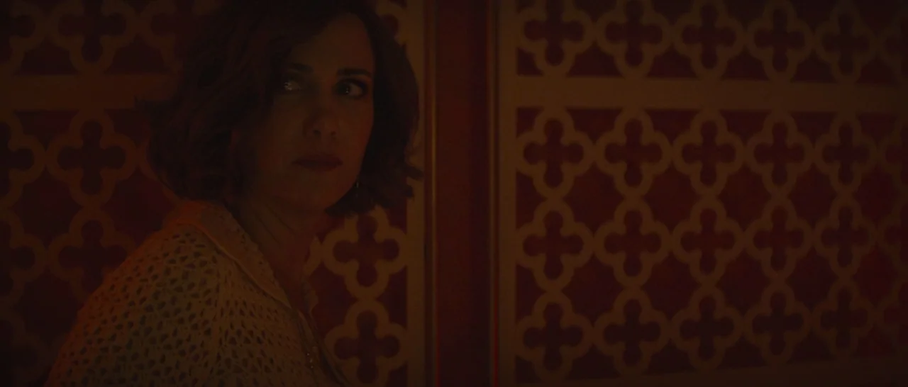 The Diary of a Teenage Girl (2015) movie still: medium — A dimly lit interior space features walls covered in a repeating red quatrefoil pattern. A…