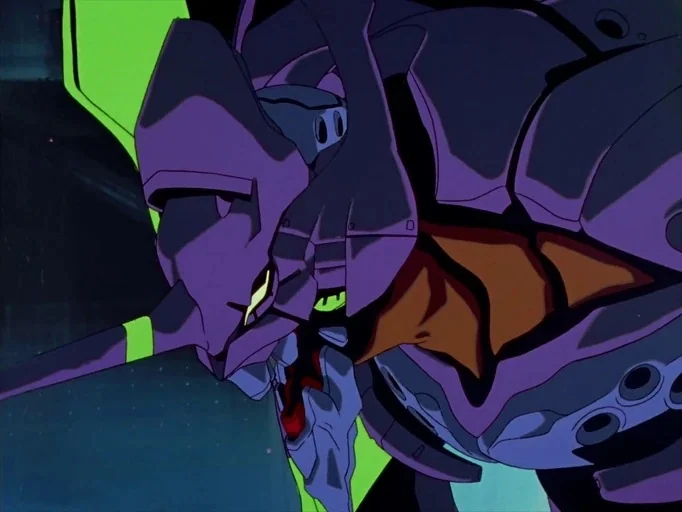 Neon Genesis Evangelion (1995) movie still: closeup — A giant mechanical humanoid with purple plating and sharp edges stands in darkness. The robot…