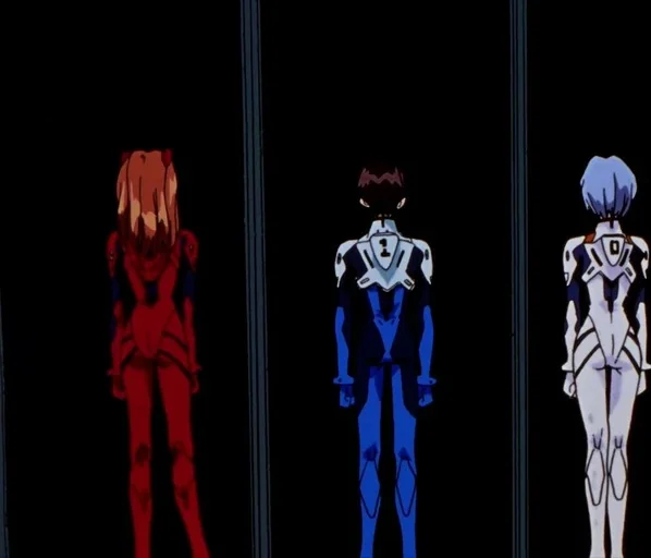 Neon Genesis Evangelion (1995) movie still: fullbody — Three figures stand in uniform formation against a dark industrial backdrop. They face away…