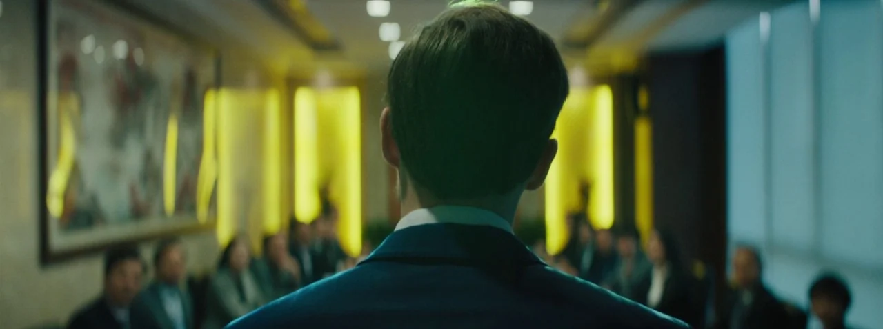 Dead Pigs (2018) movie still: medium — A modern, dimly lit corporate conference room features rows of seated professionals at a table. A man in a…