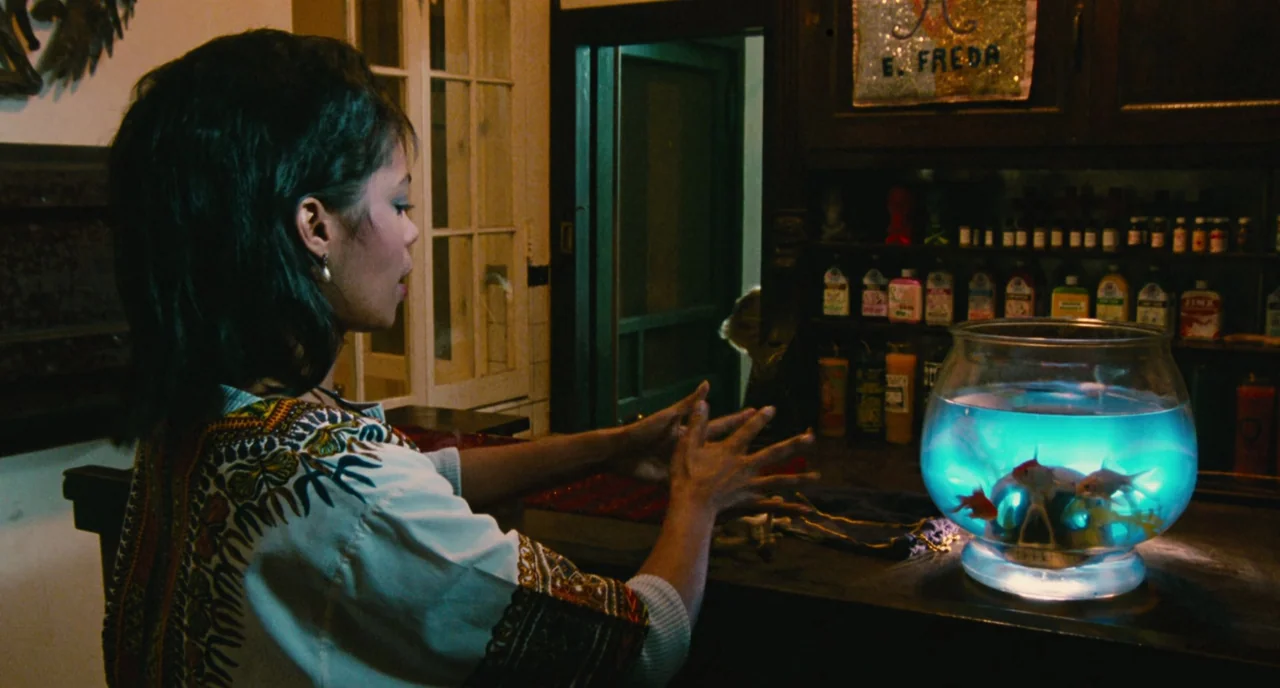 The Big Easy (1986) movie still: medium — A dimly lit room contains shelves of small bottled remedies and a sign marked E. Freda. A woman stands by…