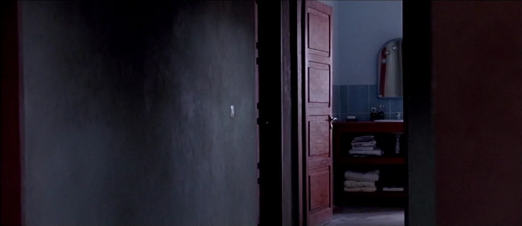 White Material (2009) movie still: wide — A dark, empty hallway leads to a partially visible room with a vanity. A wooden door stands slightly ajar…