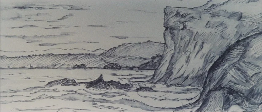 The Horrors of Malformed Men (1969) movie still: wide — A pen and ink drawing depicts a rocky coastline meeting a turbulent sea. Distant hills rise…